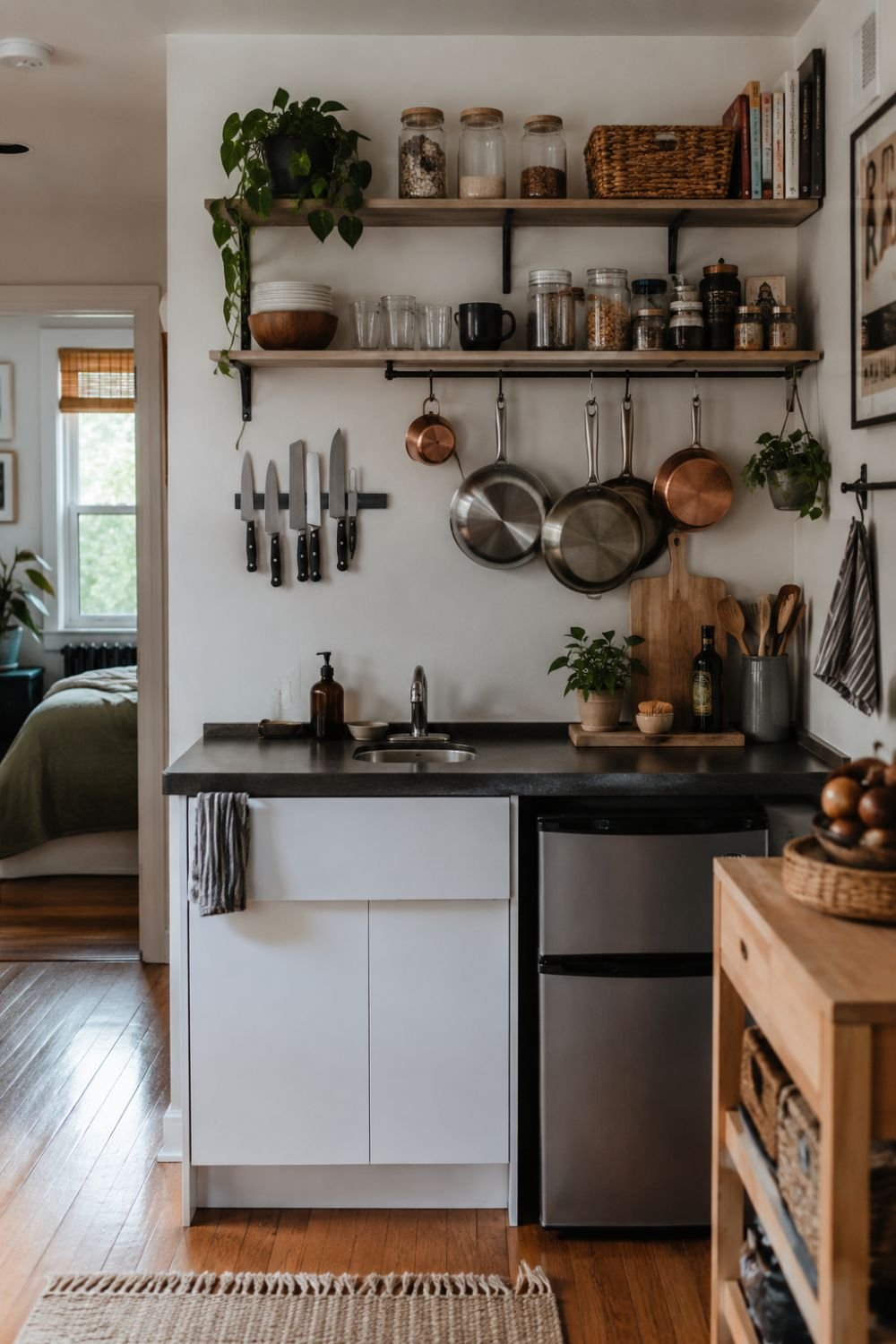 Organized kitchenette with open shelving and hanging storage in studio