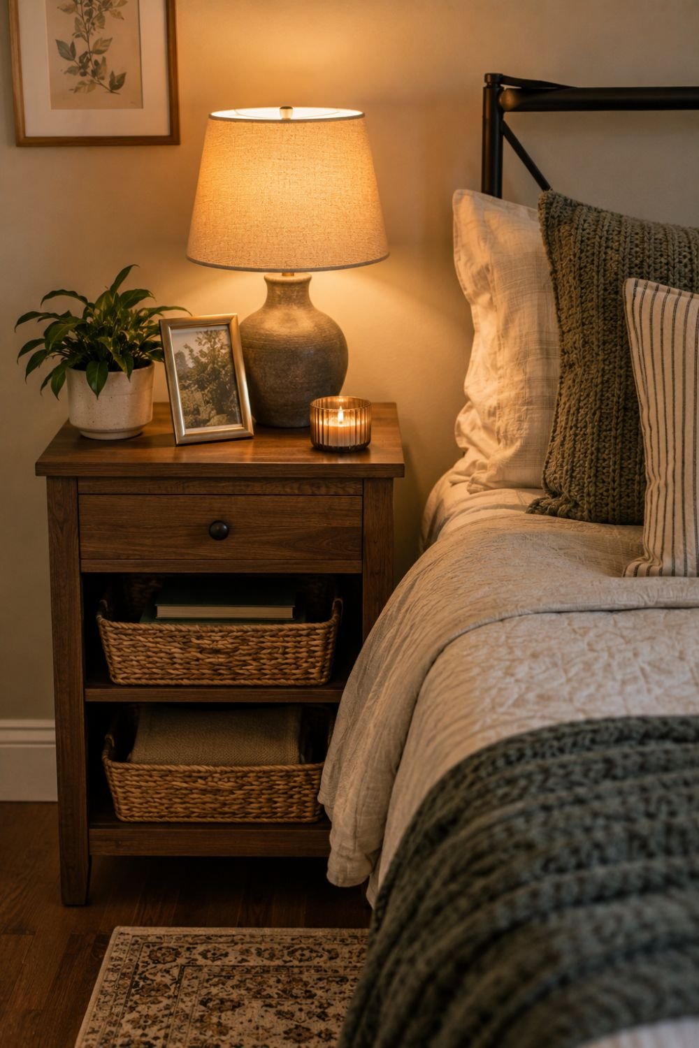 Organized nightstand with storage creating functional apartment bedroom