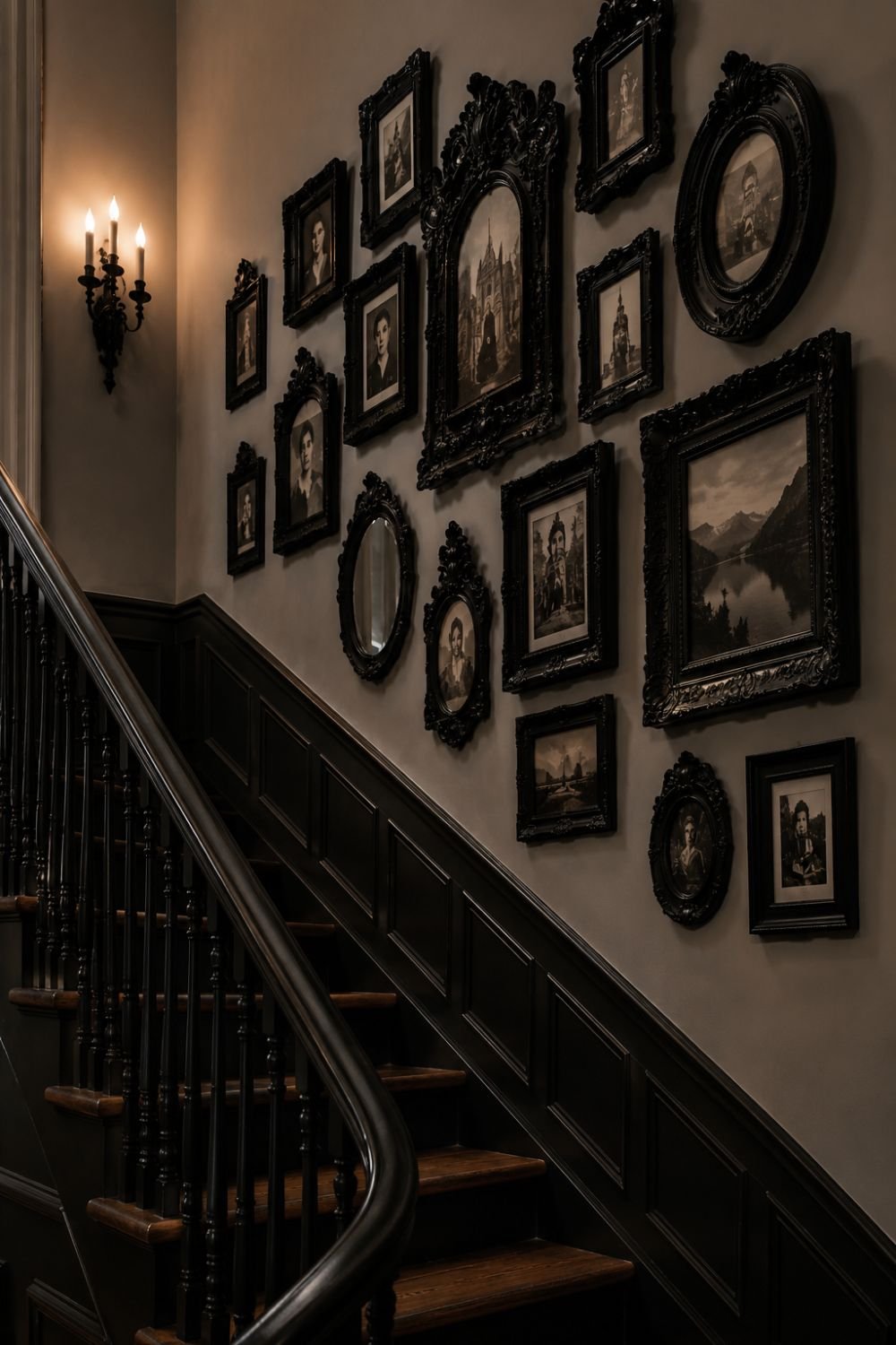 Ornate black frames creating gallery wall on staircase