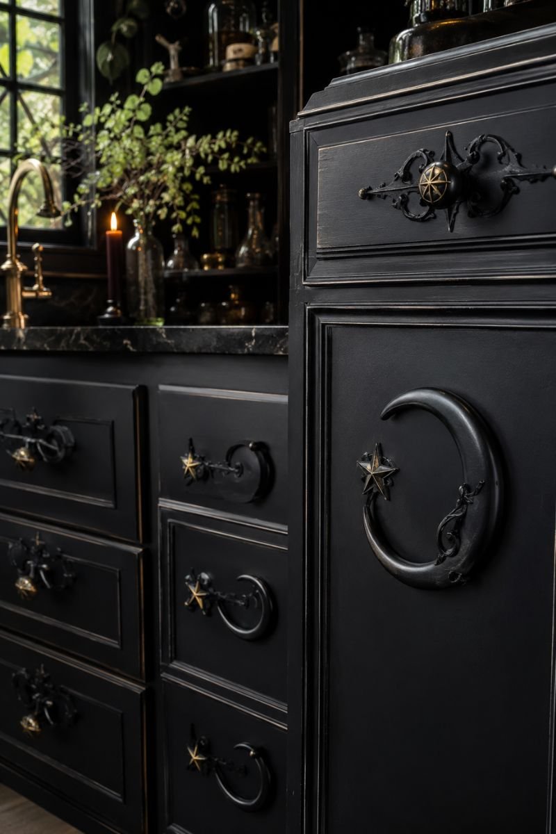 Ornate black hardware with moon shapes on witchy kitchen cabinets
