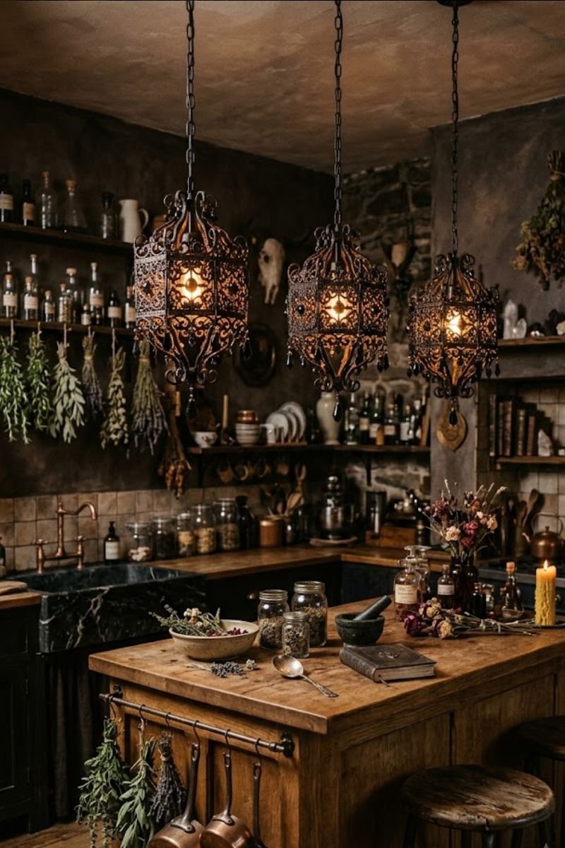 Ornate black pendant lights over kitchen island