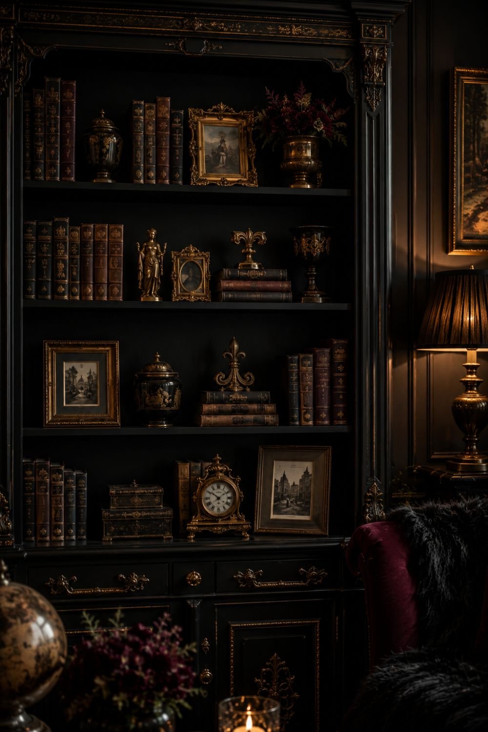 Ornate bookcase with books and gold decor creating opera aesthetic