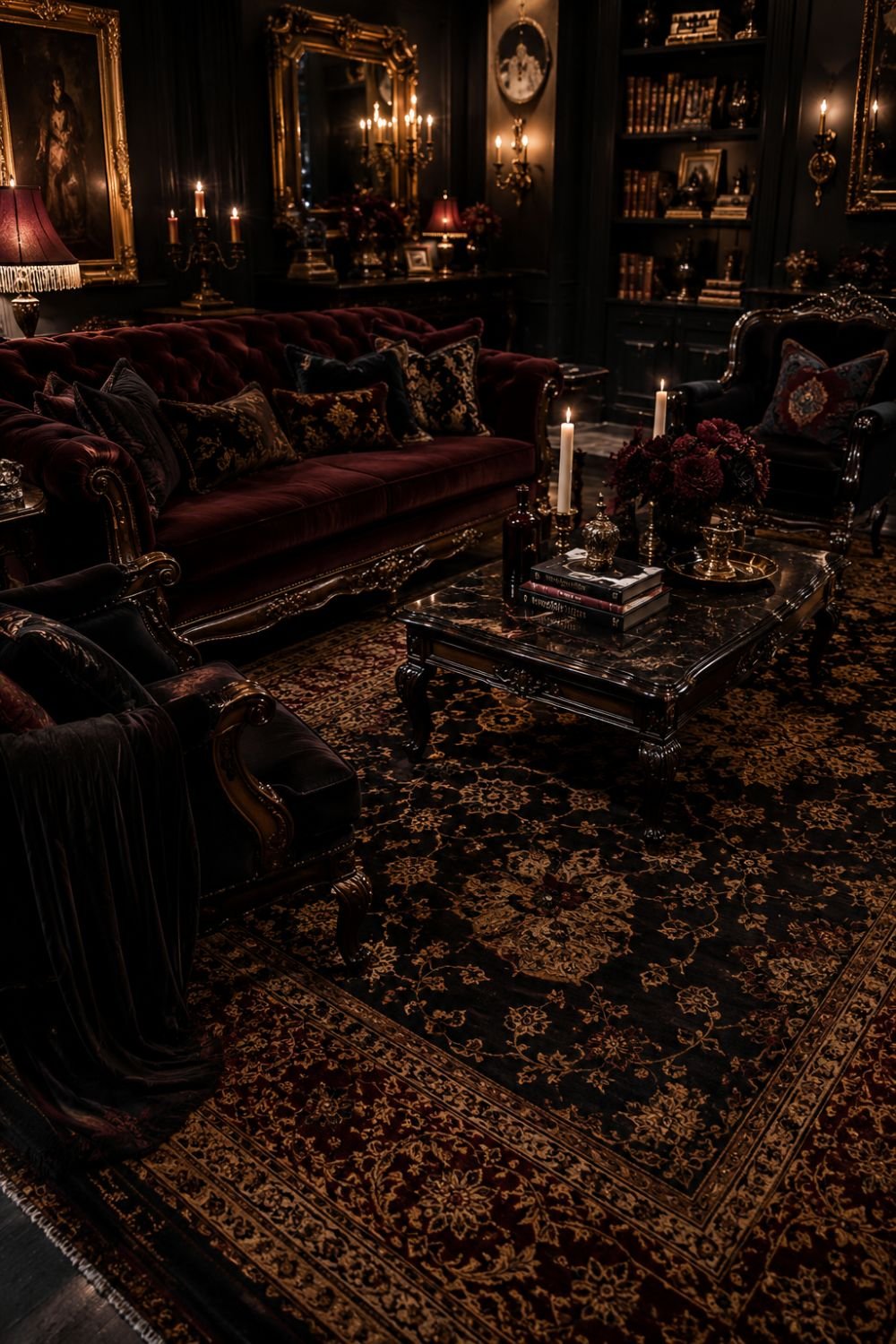 Ornate burgundy rug anchoring seating in opera aesthetic space