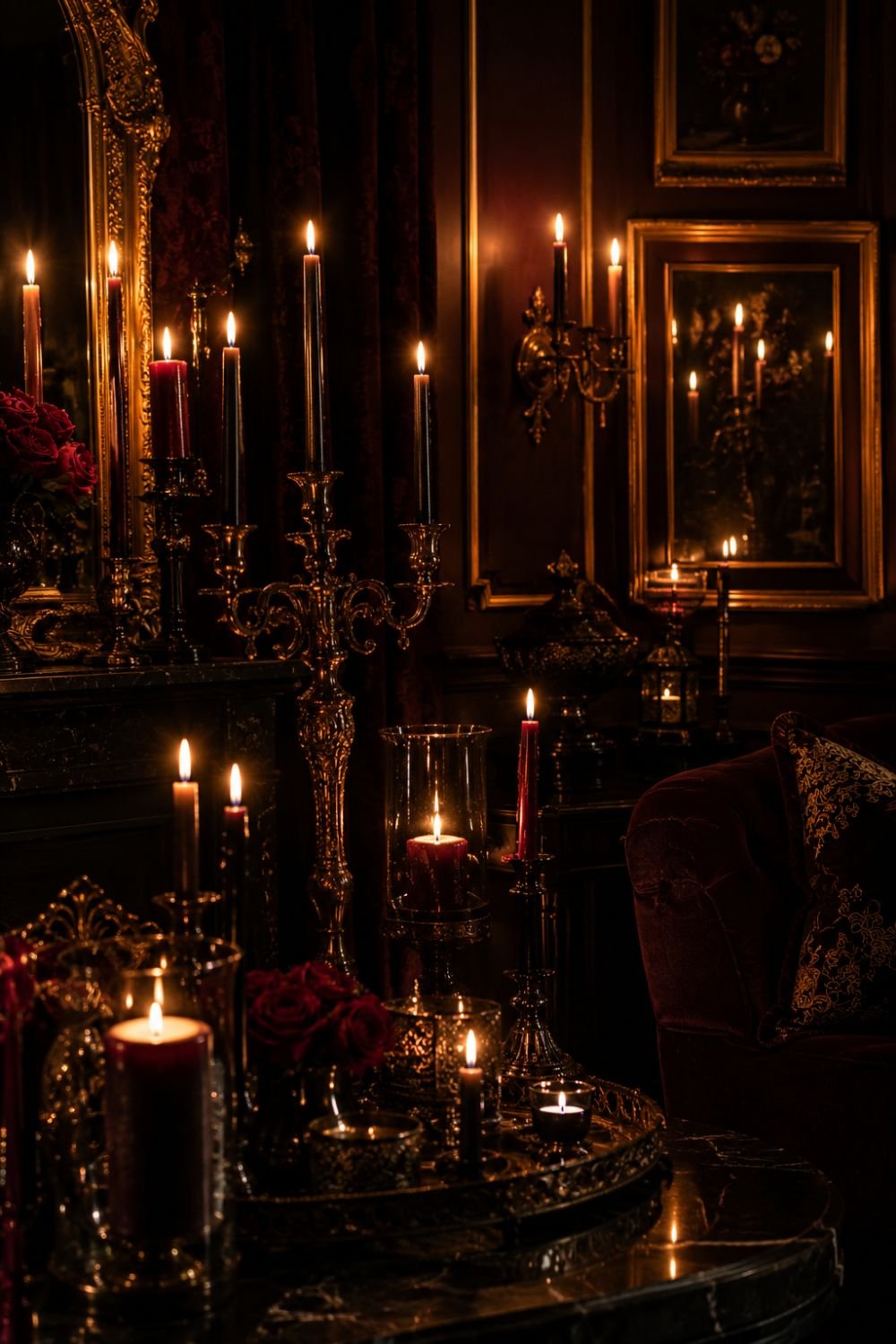 Ornate candelabras with candles creating warm dramatic lighting