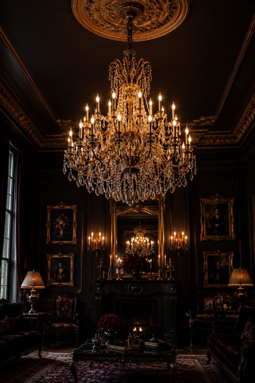 Ornate chandelier creating dramatic focal point in moody space