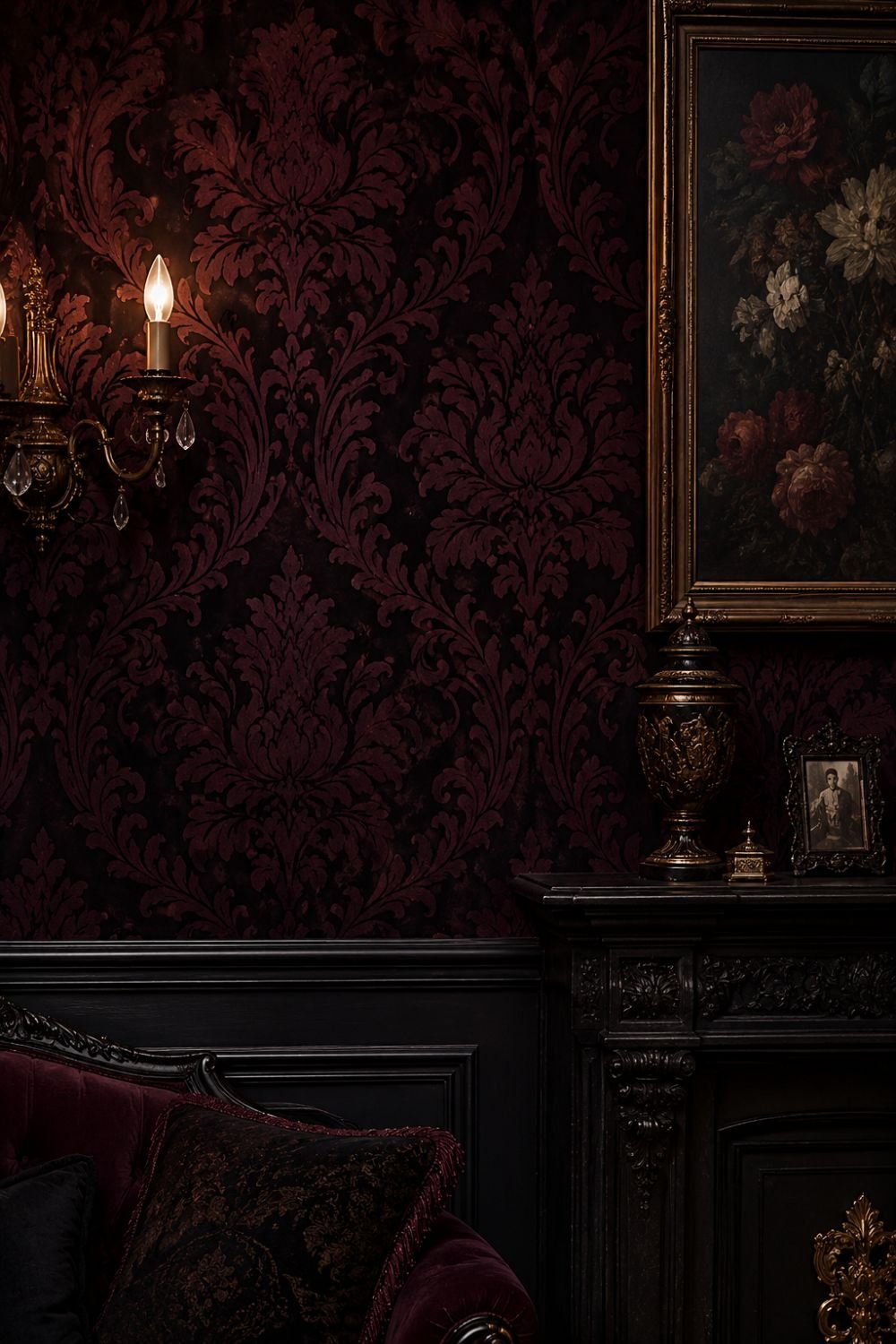 Ornate damask wallpaper creating dramatic theatrical wall treatment