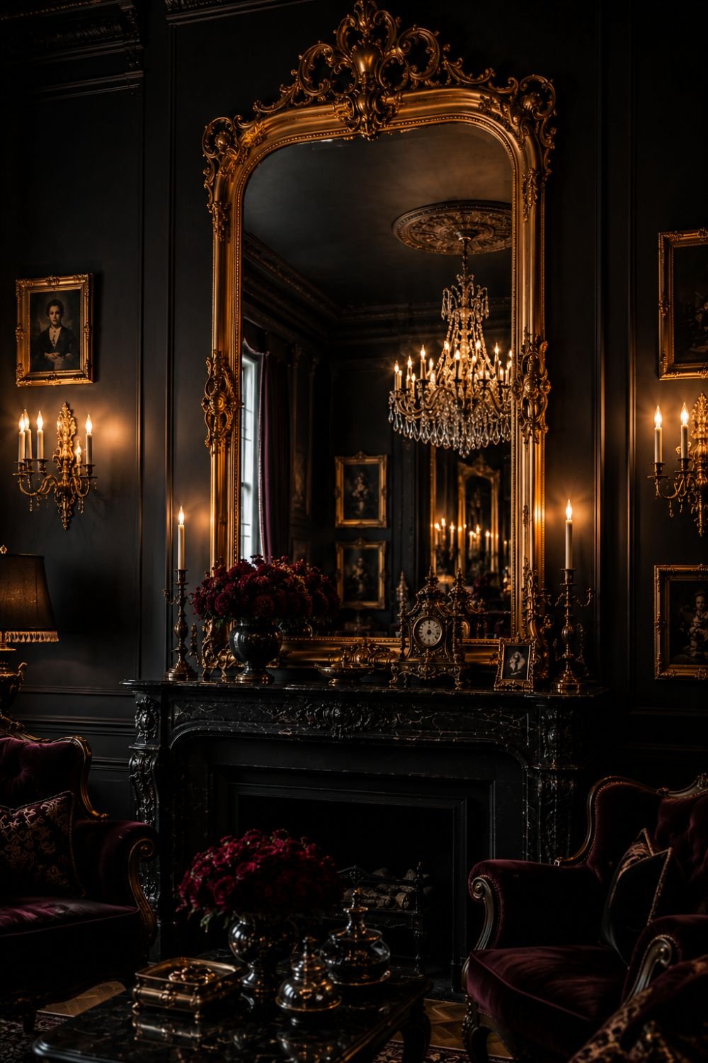 Ornate gold-framed mirror on dark wall creating dramatic reflection