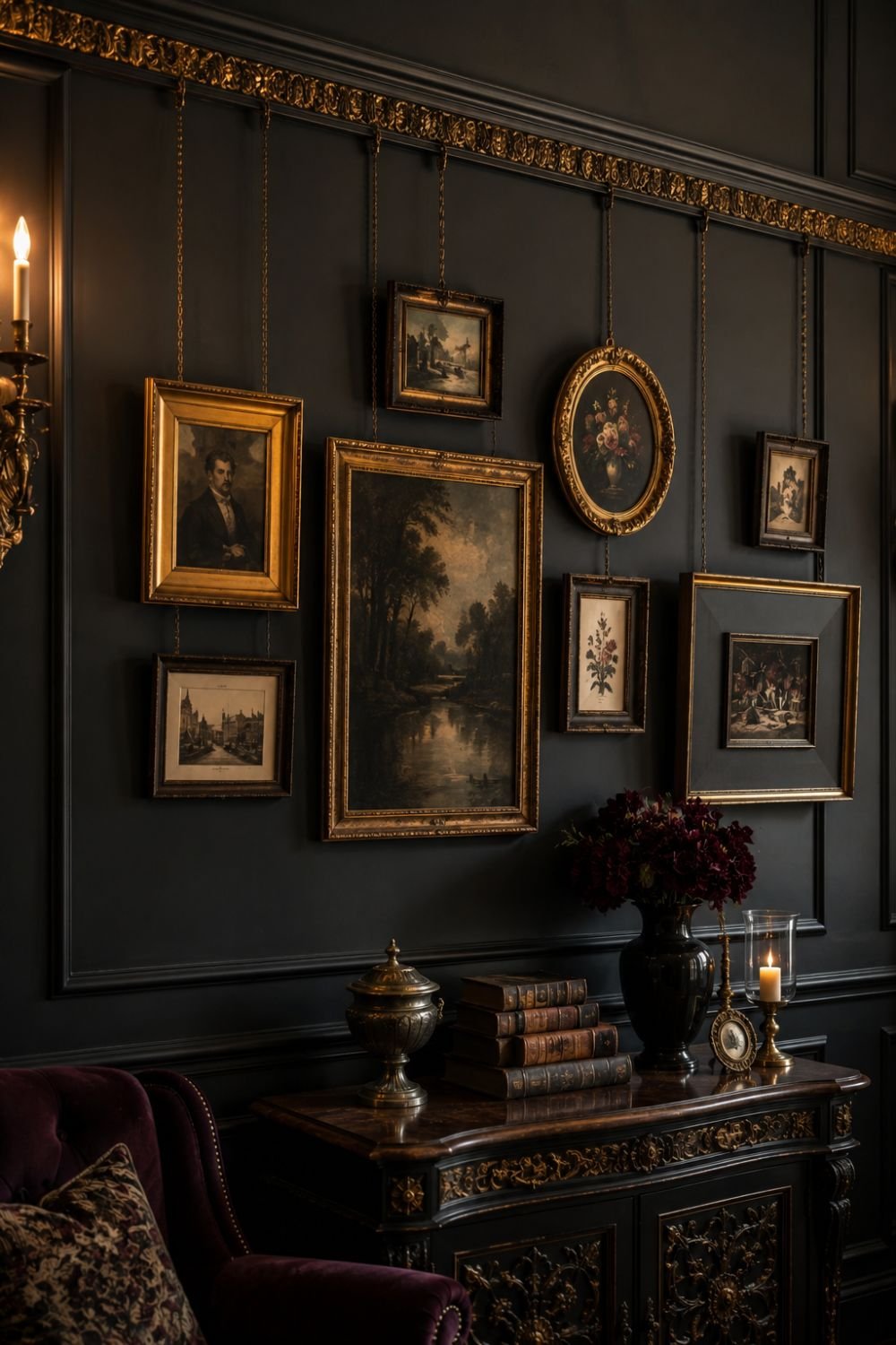 "Ornate picture rail with gallery-style artwork arrangement