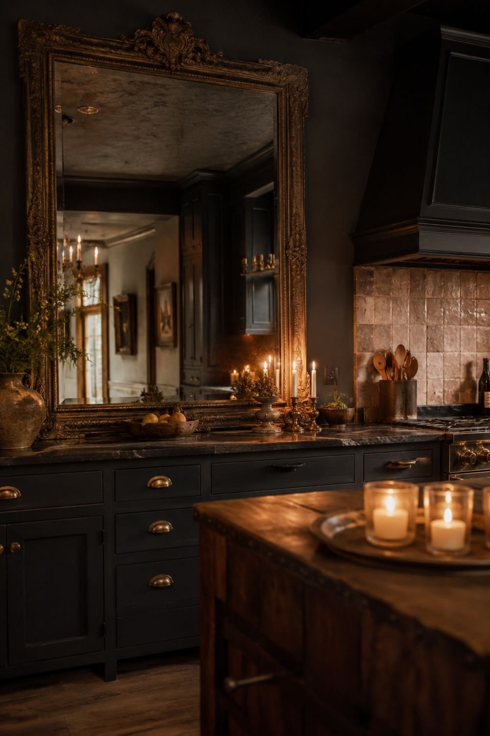 Ornate vintage mirror in dark kitchen reflecting warm light