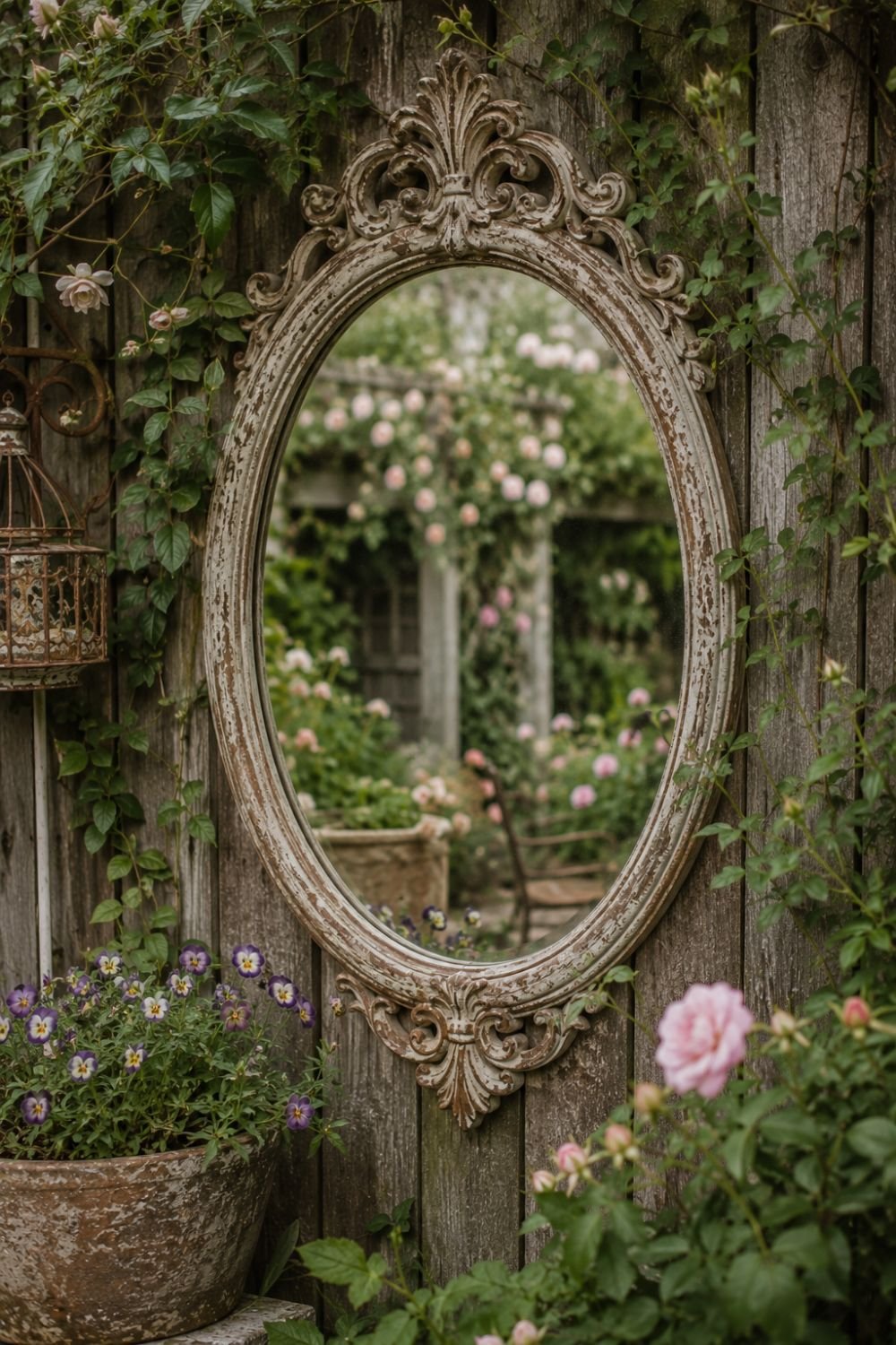 Ornate vintage mirror with weathered frame in garden