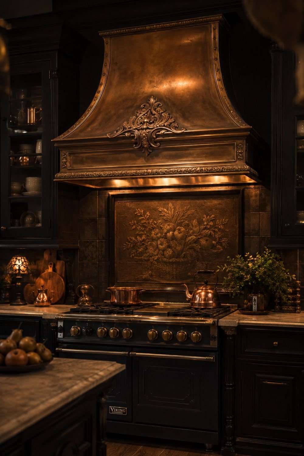 Ornate vintage range hood in dark cottagecore kitchen