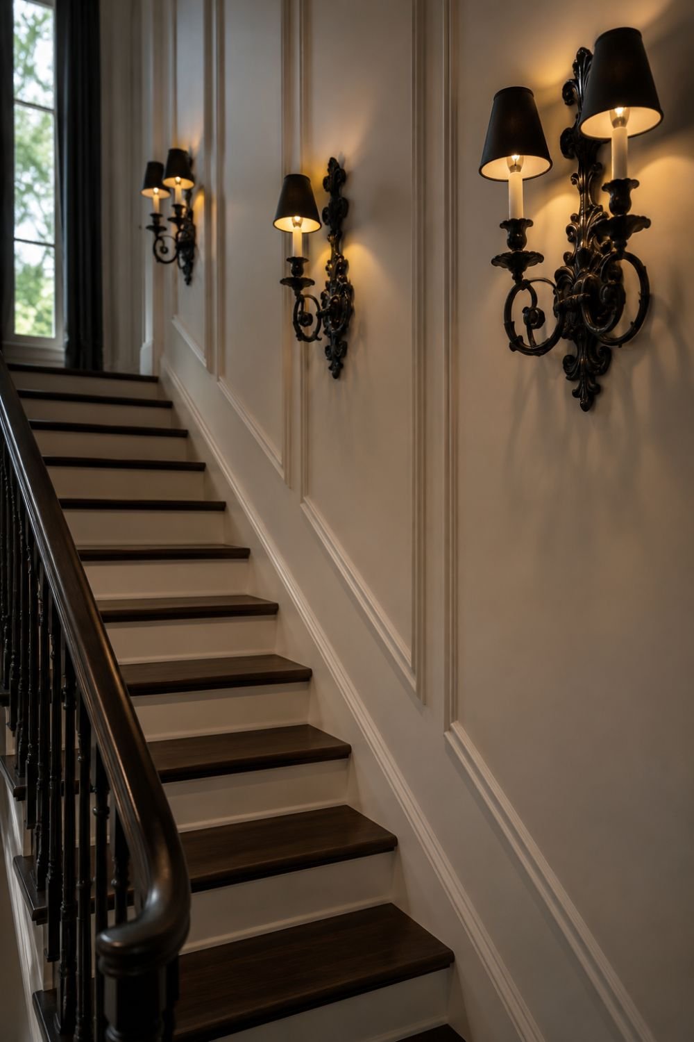 Ornate wall sconces creating elegant lighting on Halloween staircase