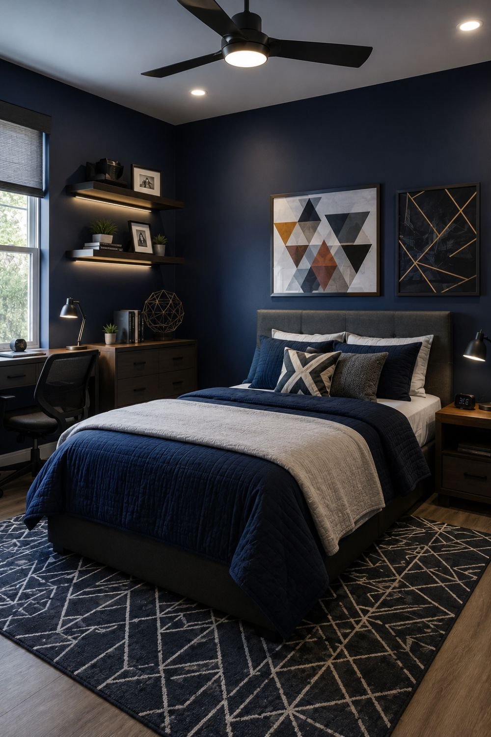 Deep navy walls creating sophisticated modern boys bedroom
