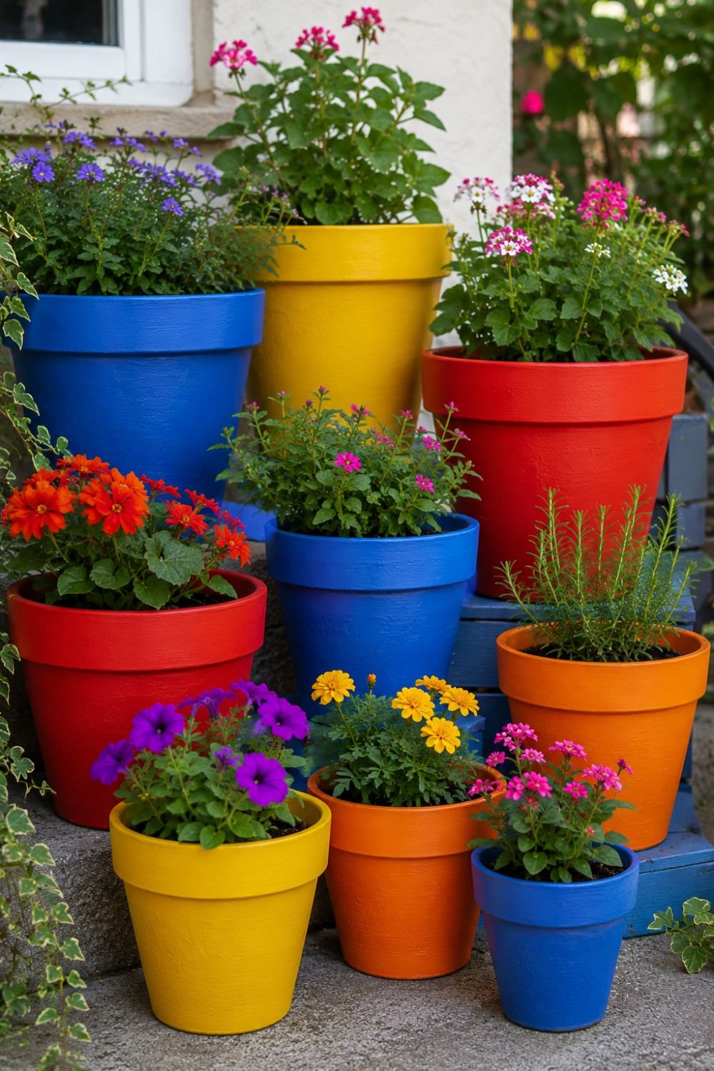 Painted terra cotta pots in bright colors creating dopamine planter collection