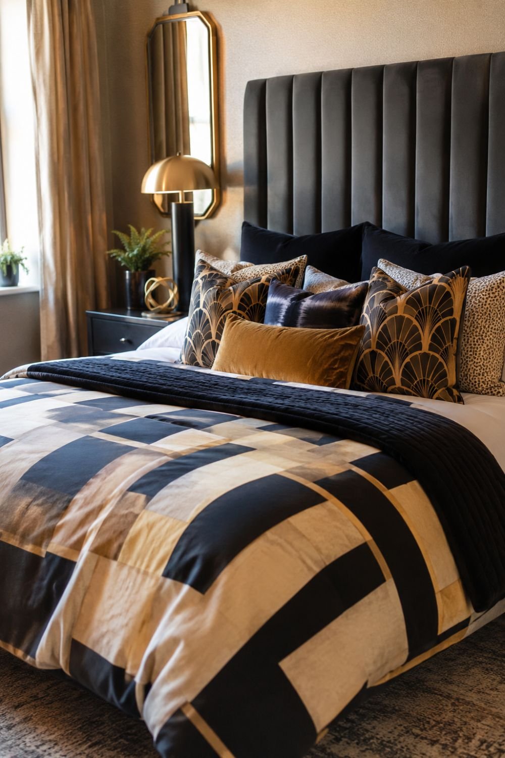 Patterned bedding with geometric designs layered on neo deco bedroom bed