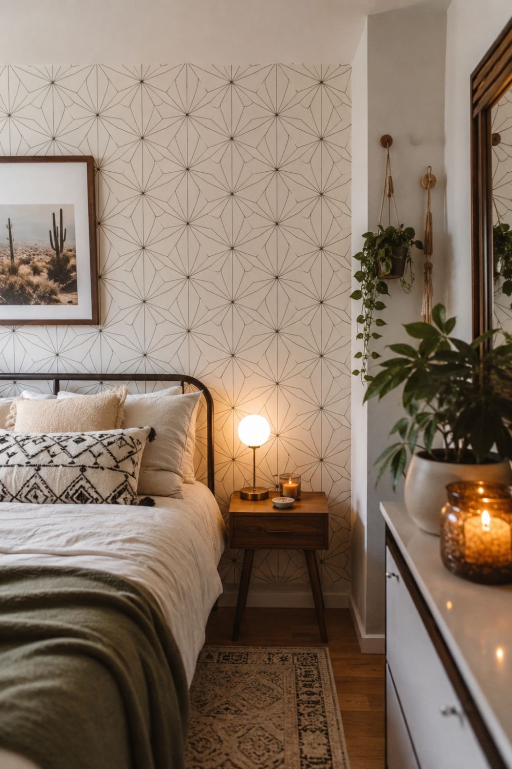Peel and stick tile creating accent feature in apartment bedroom