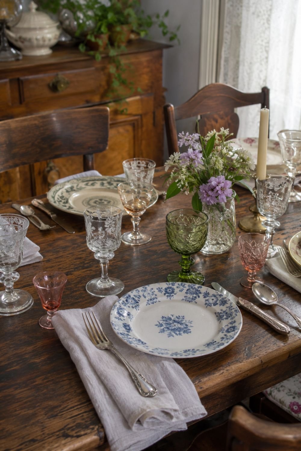 Place setting with mismatched vintage plates and glassware on dining table