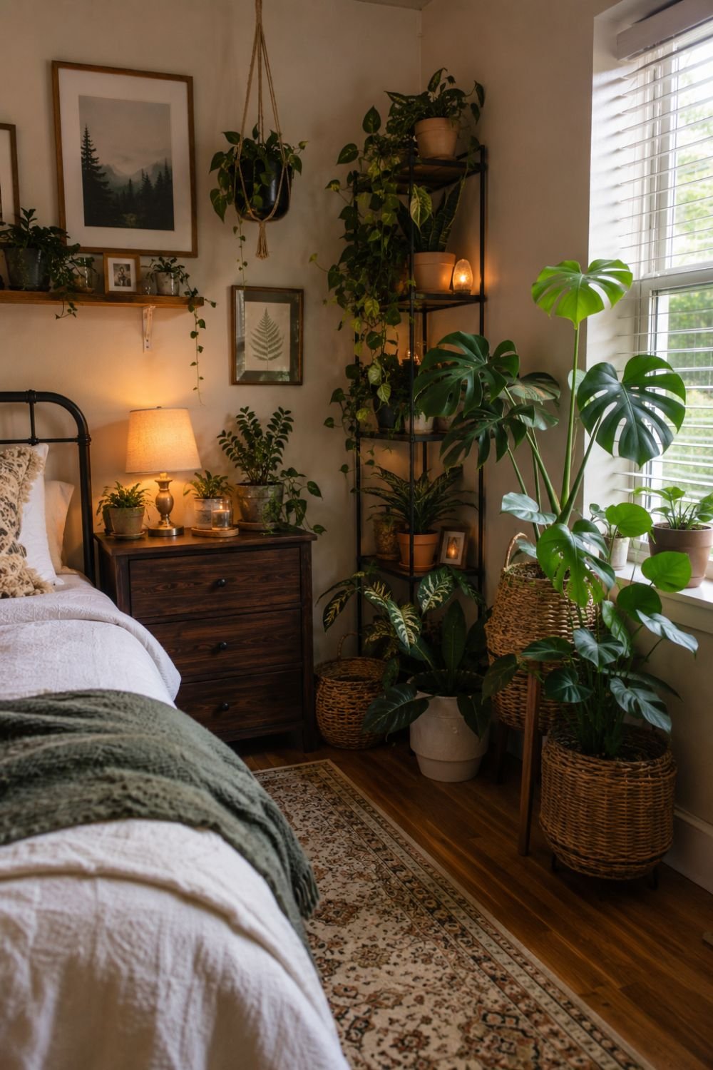Plants creating fresh green element in apartment bedroom