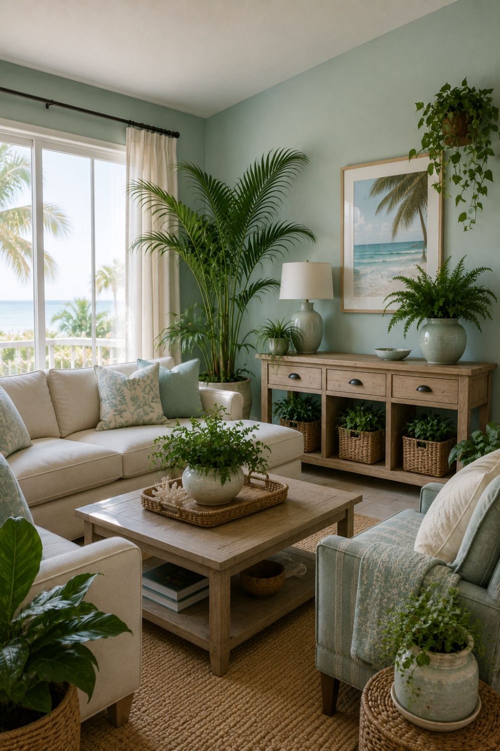 Potted plants and greenery complementing aquamarine coastal room