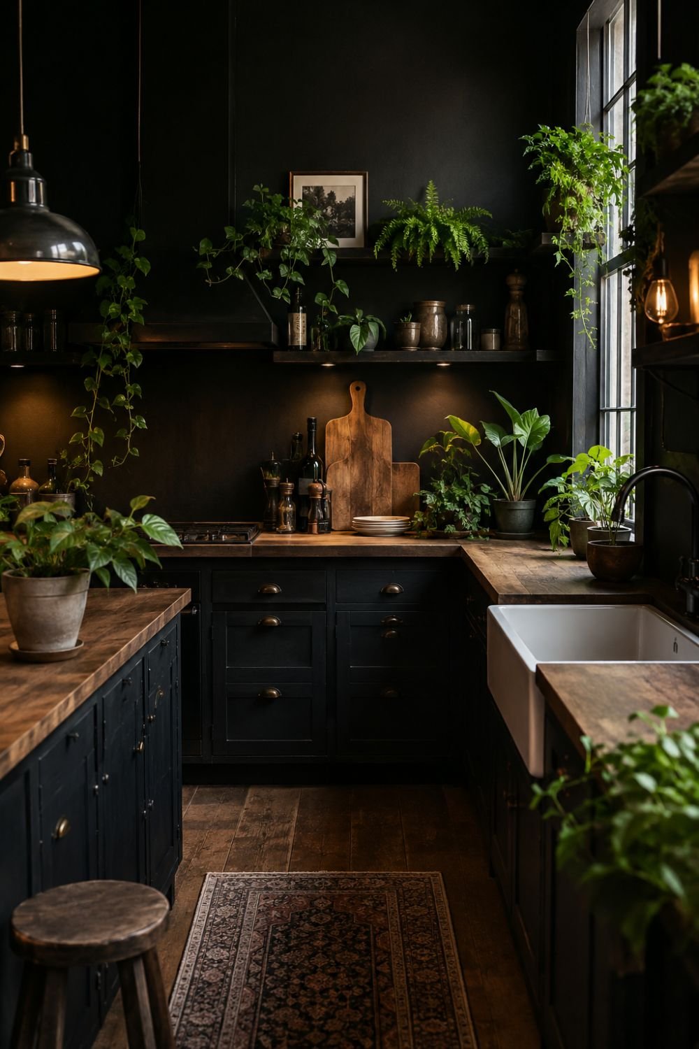 Potted plants and greenery in dark cottagecore kitchen