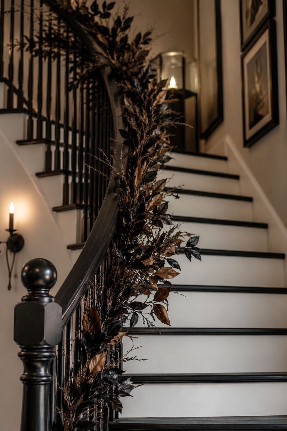 Preserved leaves and branch garland on Halloween staircase