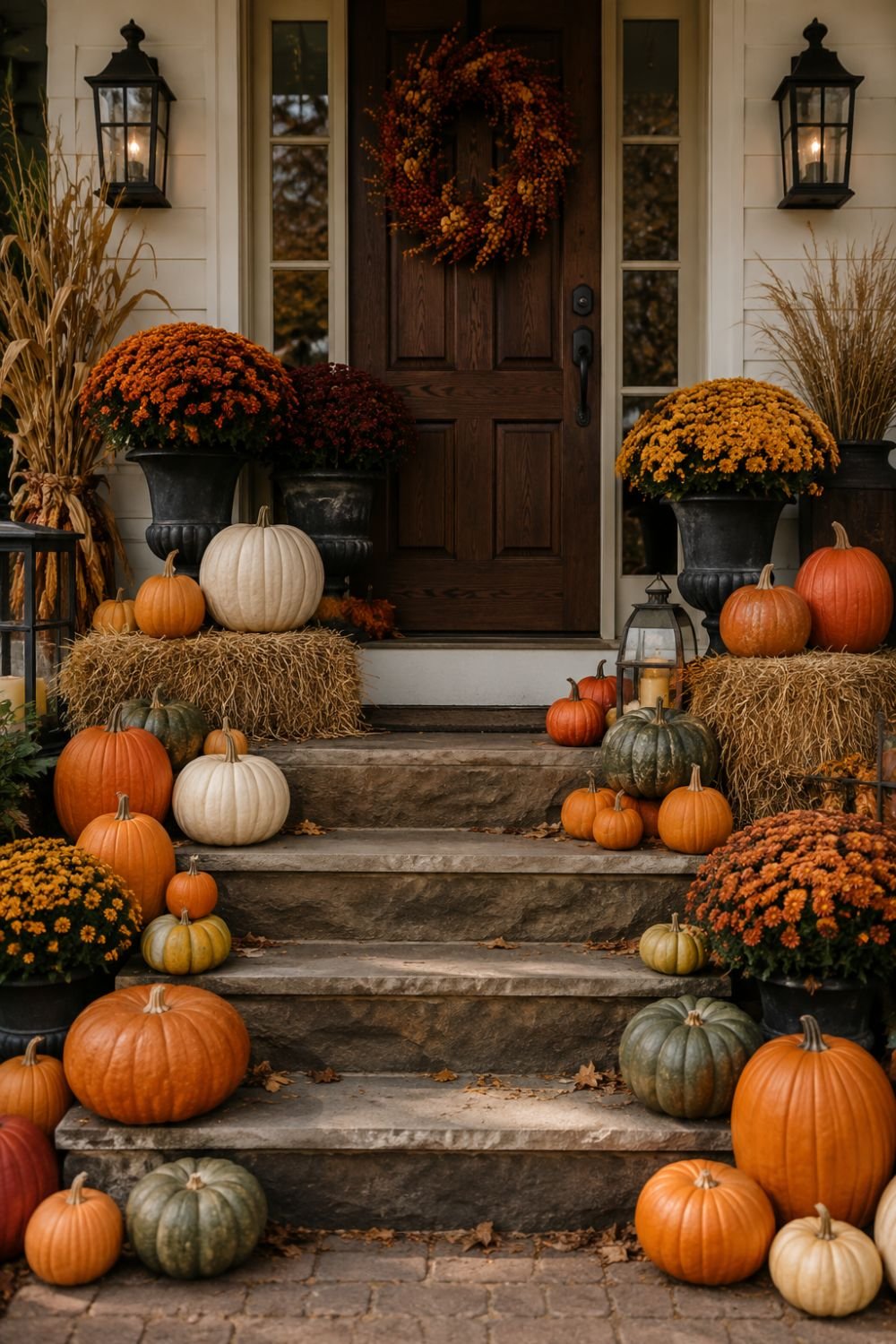 Pumpkins and gourds arranged on front porch steps creating fall entrance