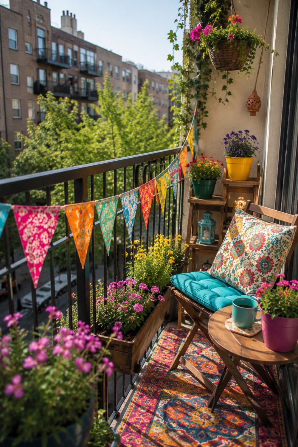 Rainbow bunting creating festive atmosphere in small colorful balcony