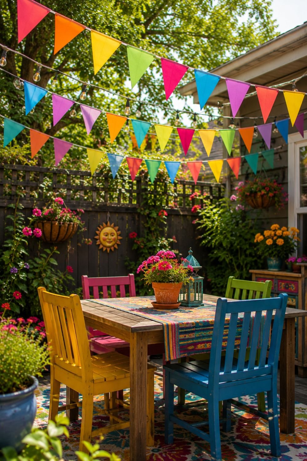 Rainbow bunting strung across backyard creating festive dopamine feel