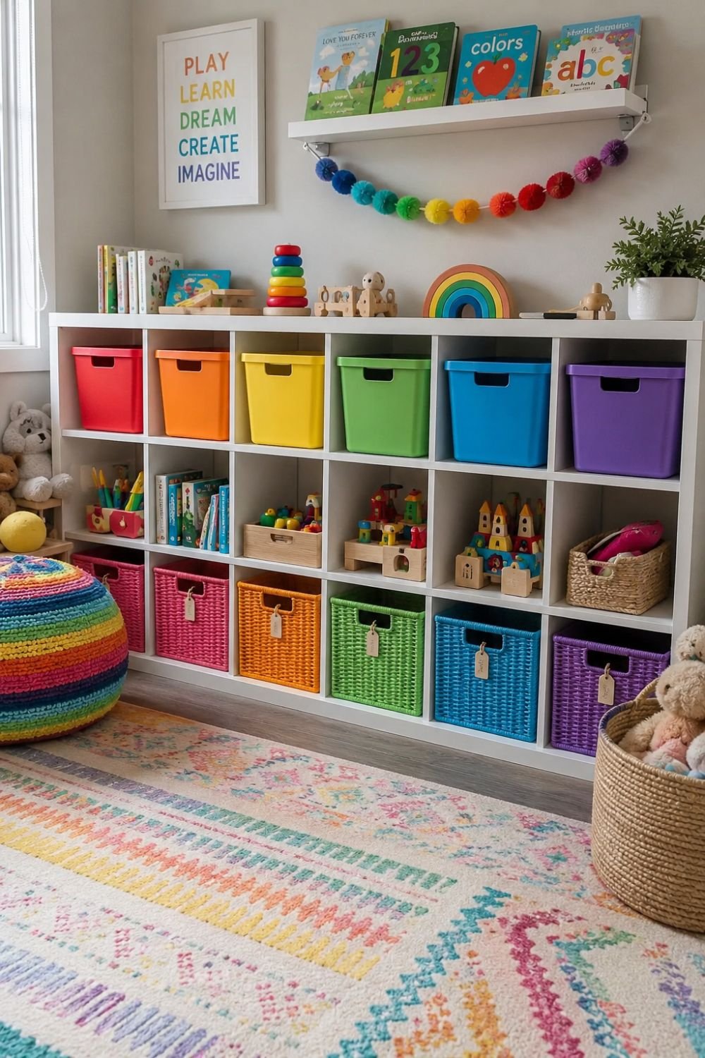 "Rainbow colored storage bins and baskets on playroom shelving