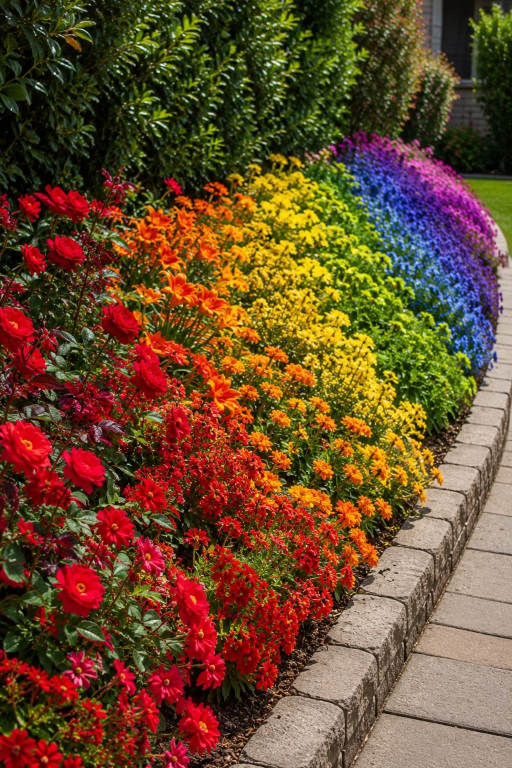 Rainbow flower border in garden creating colorful gradient