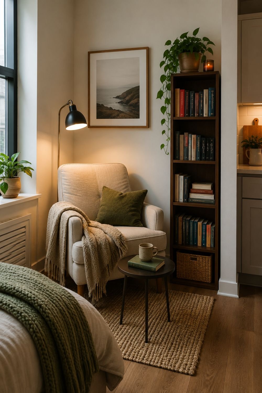Reading nook in corner of studio apartment with chair and bookshelf
