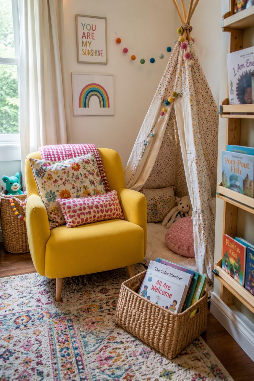 Reading nook with colorful chair and patterned cushions in playroom