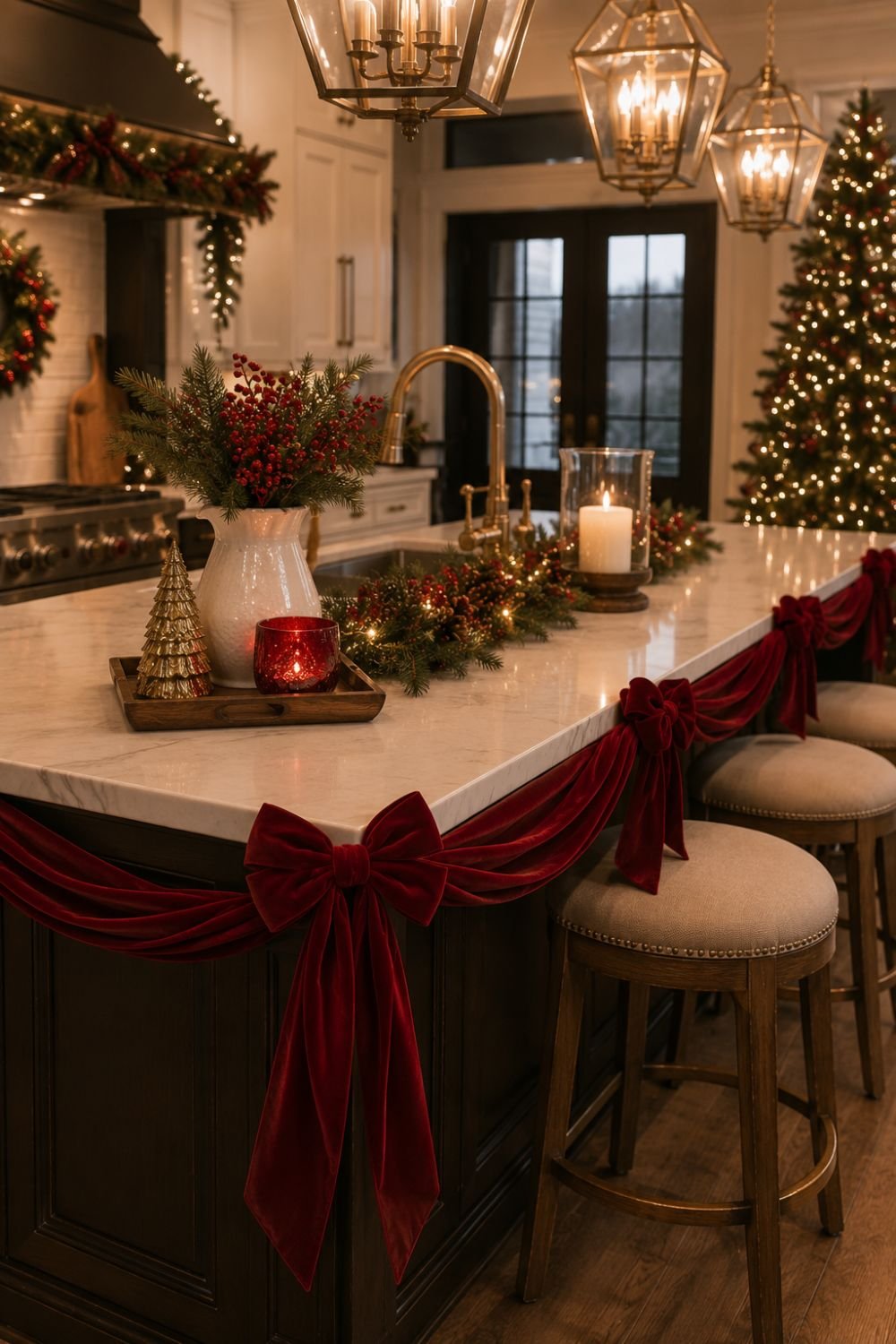 Red velvet ribbon and bows decorating Christmas kitchen island
