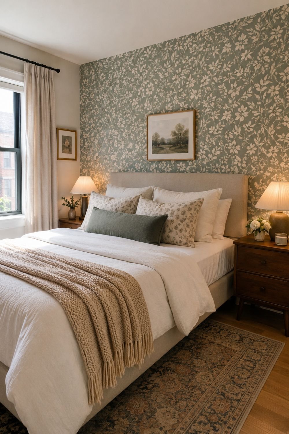 Removable peel and stick wallpaper creating accent wall in apartment bedroom