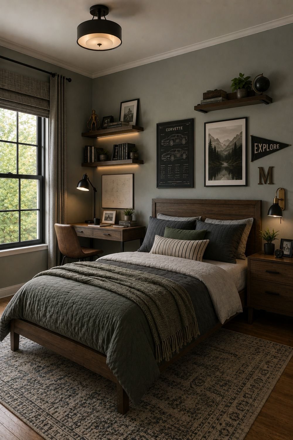 Sage gray walls creating sophisticated calm boys bedroom