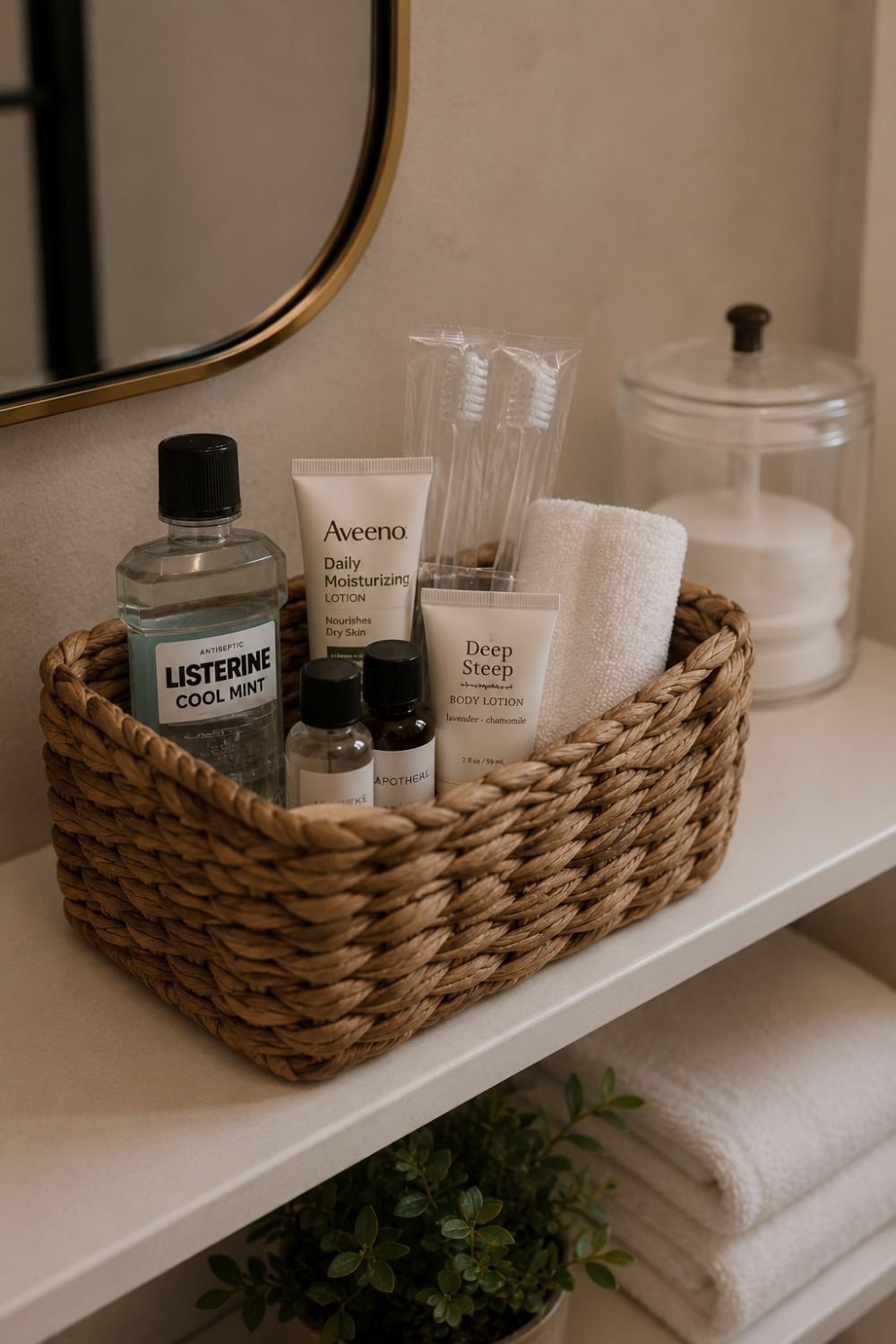 basket of toiletries in guest bathroom