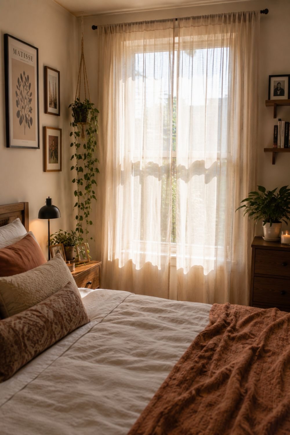 Sheer curtains creating soft light in apartment bedroom