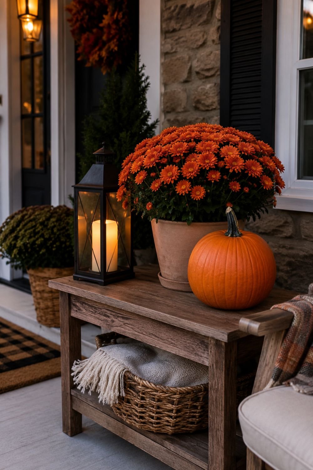 Side table styled with lantern mums and pumpkin on farmhouse porch