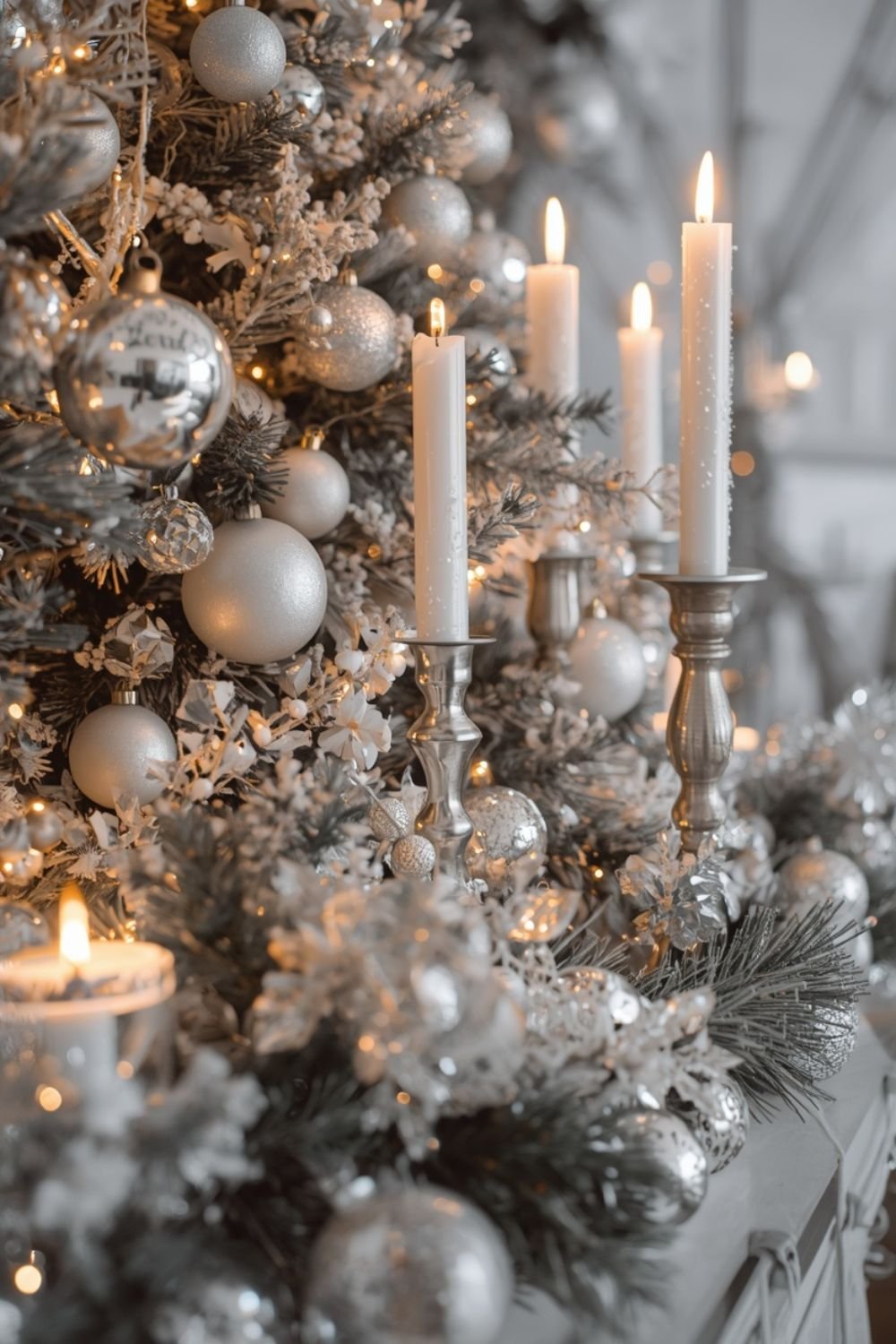 Silver metallic accents throughout icy blue Christmas decor