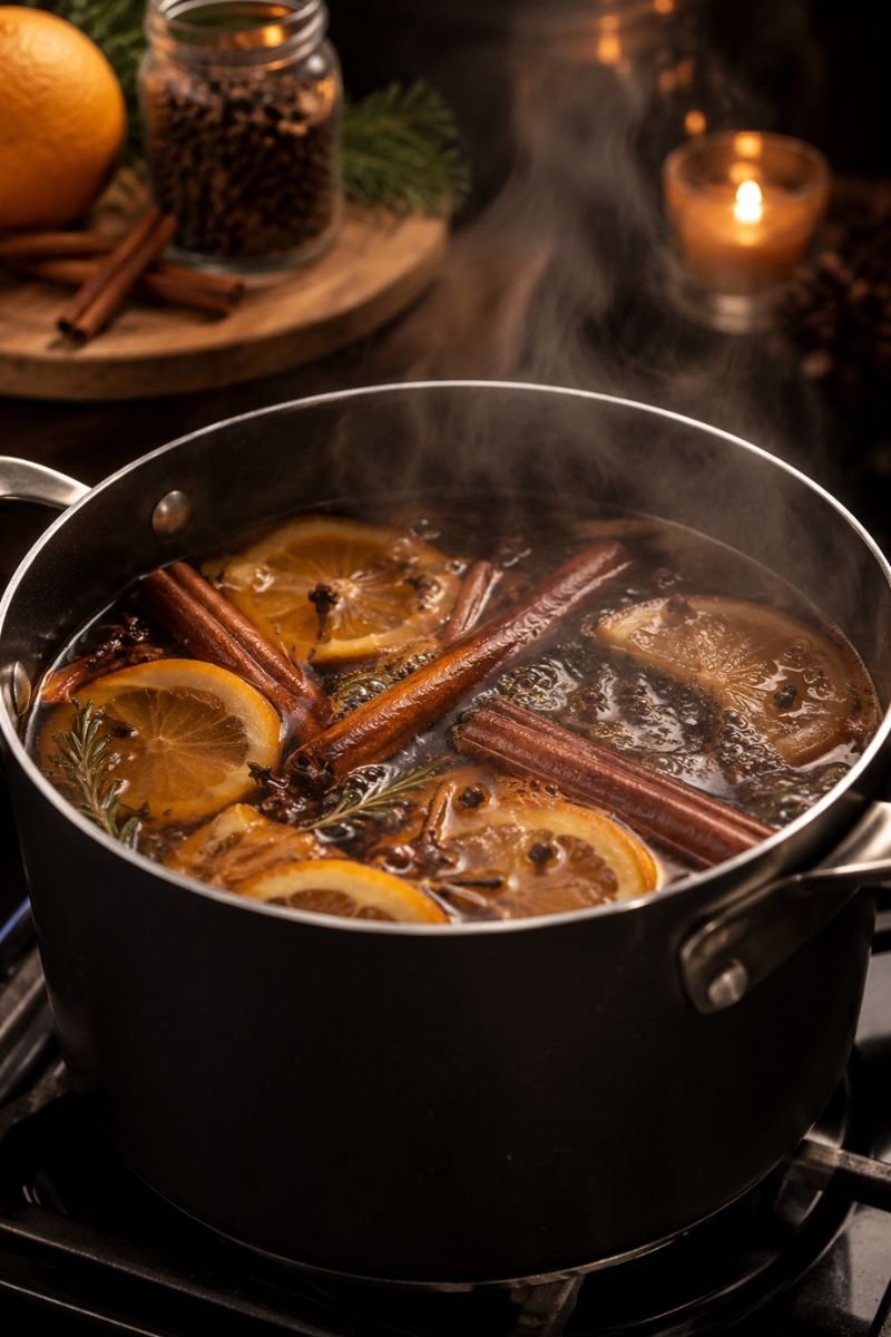Simmering pot with cinnamon creating warm cozy winter scent