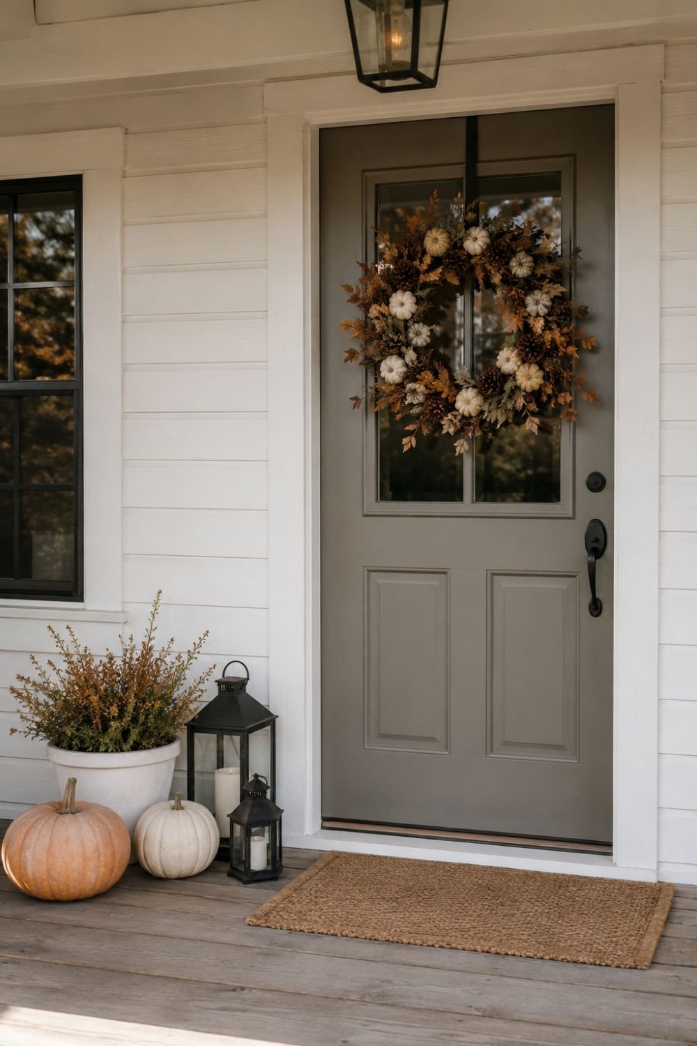 Simple farmhouse fall porch with key decorative elements creating elegant look