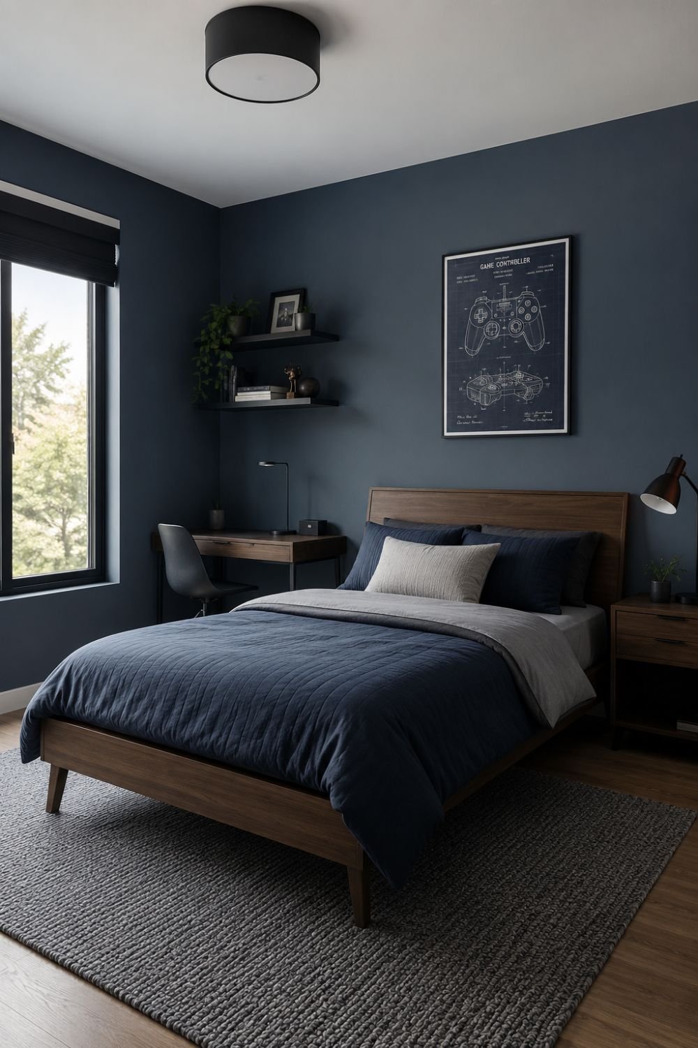 Slate blue walls creating moody sophisticated boys bedroom
