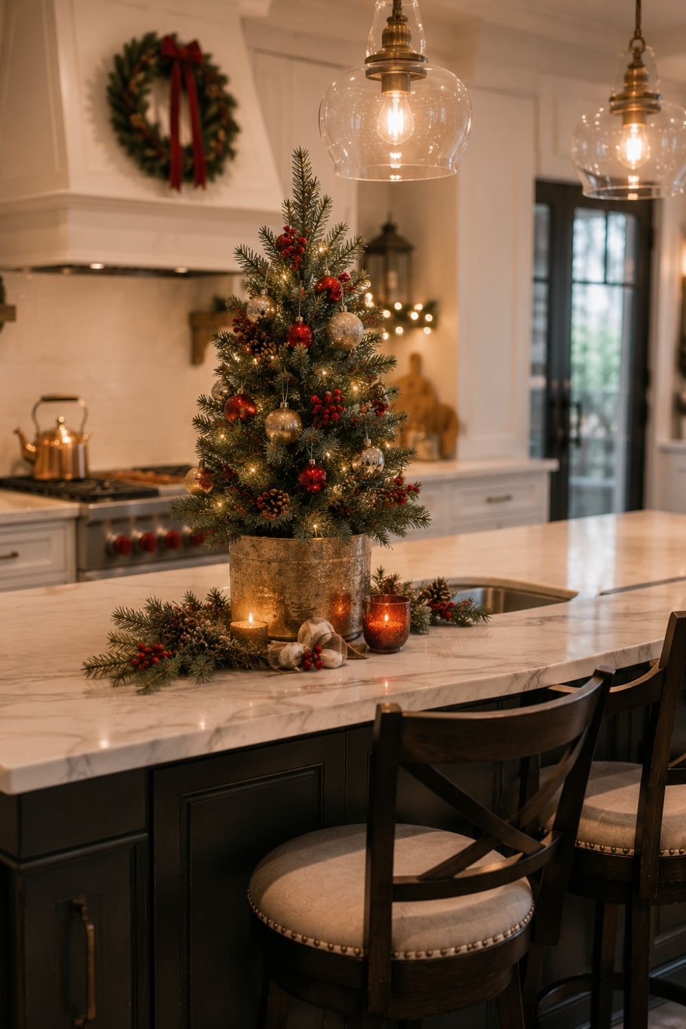 Small Christmas tree on kitchen island creating festive focal point