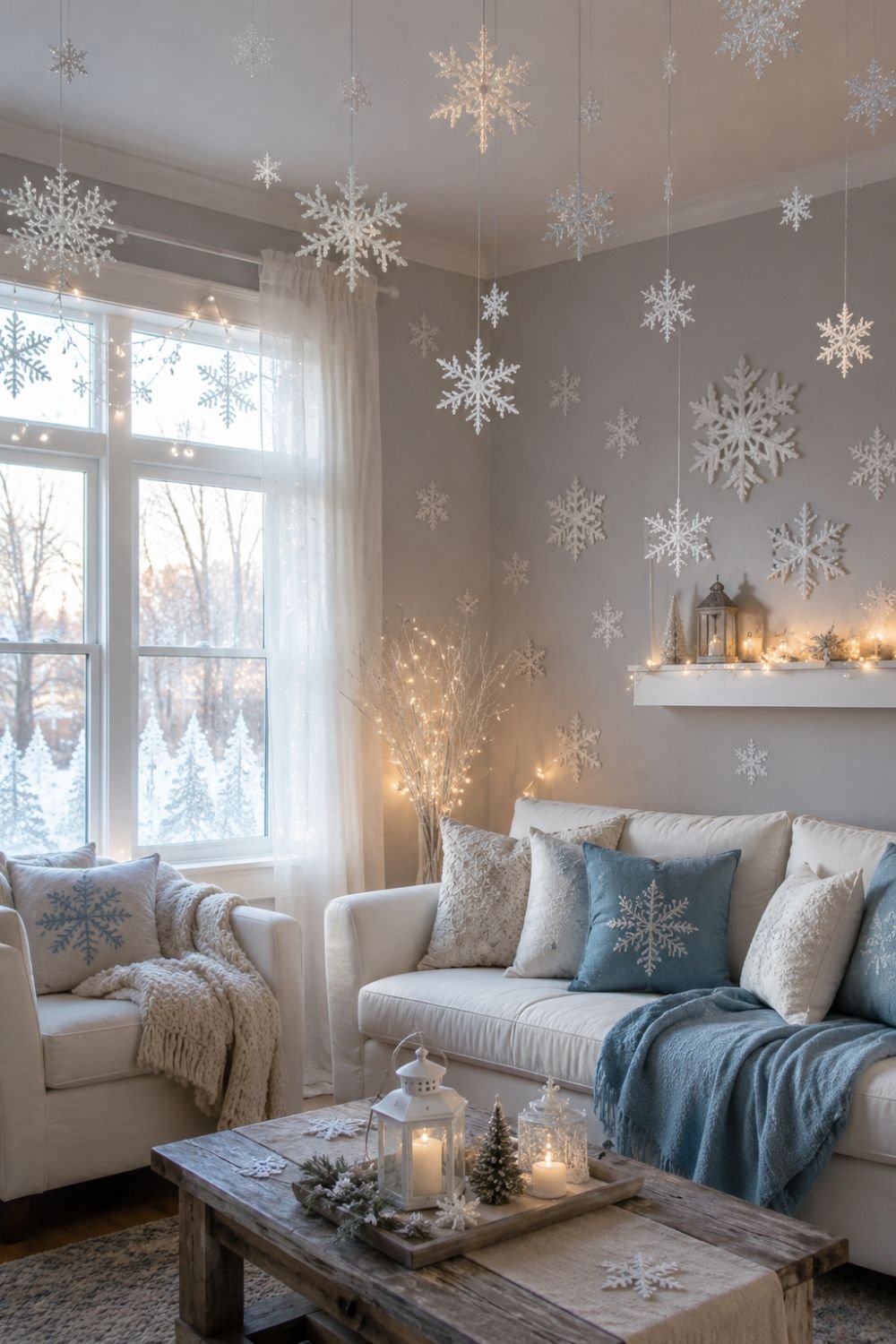 Snowflake window decals creating winter wonderland effect