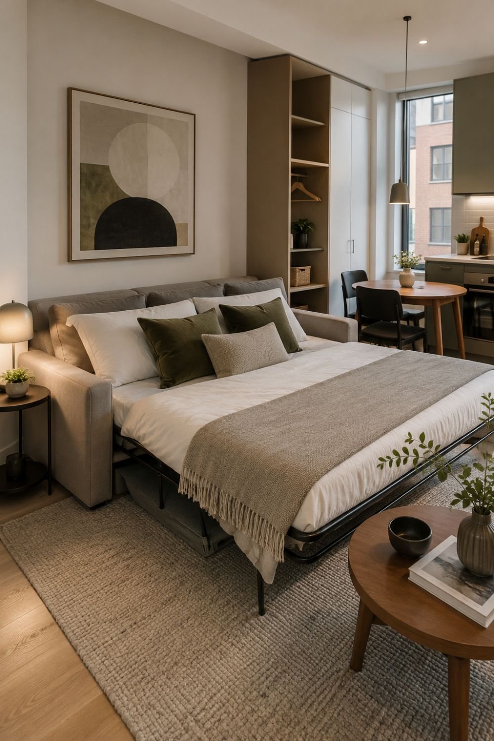 Sofa bed in studio apartment functioning as seating and guest bed