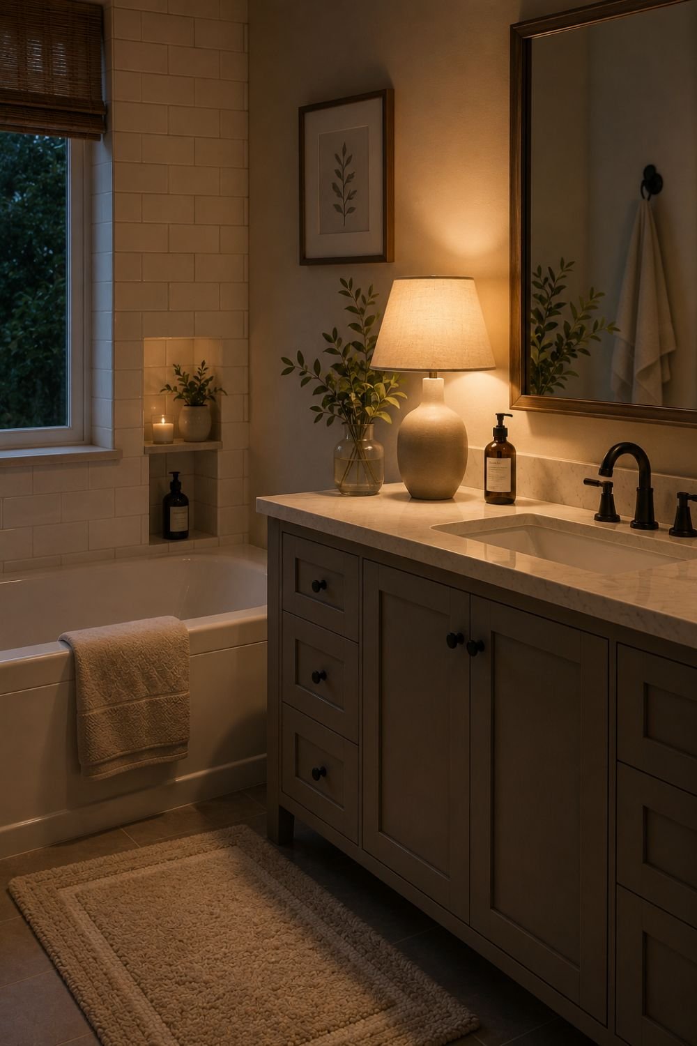 Soft lamp creating warm ambiance in fresh bathroom