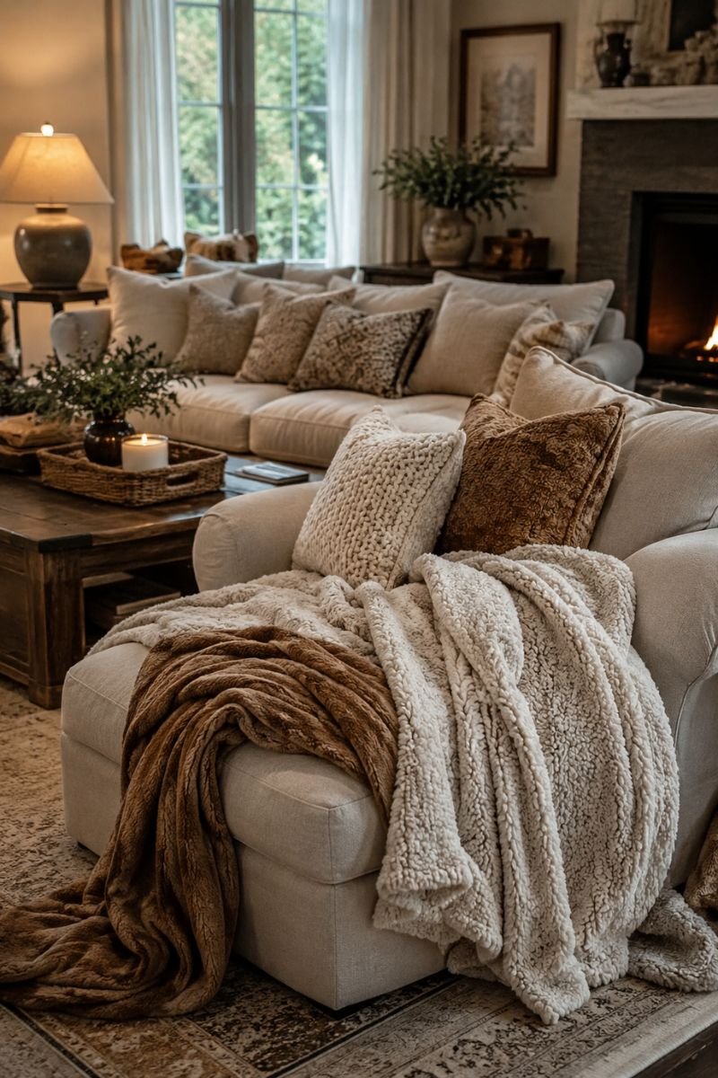 Soft upholstered furniture layered with blankets creating cozy comfort