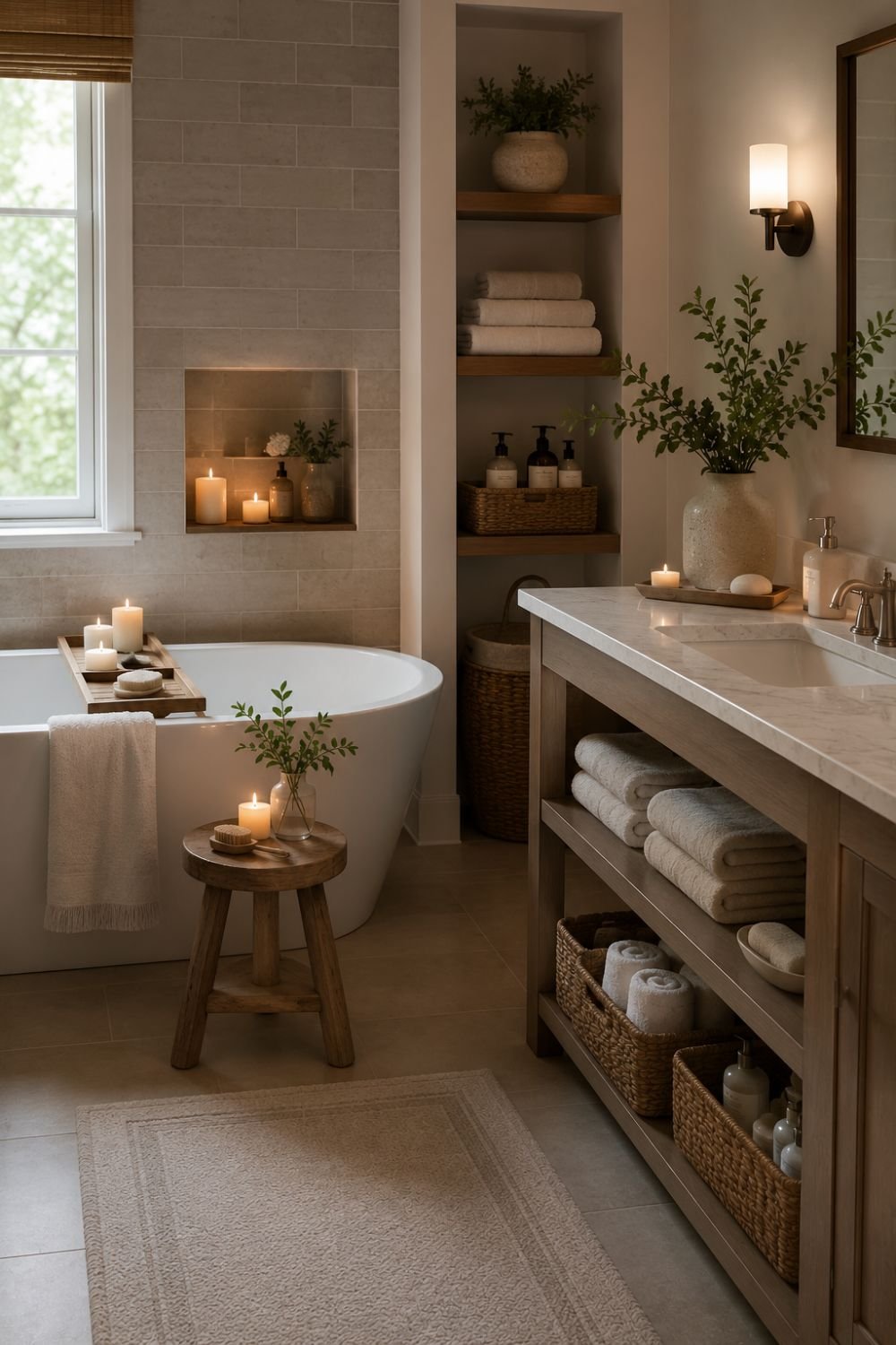 "Spa-like elements creating luxurious fresh bathroom atmosphere