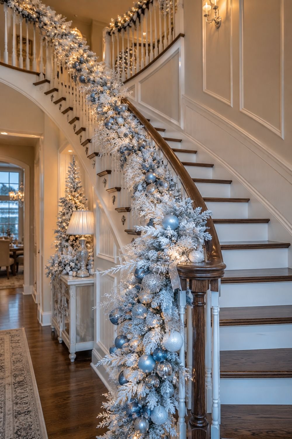 Staircase decorated with icy blue and white garland