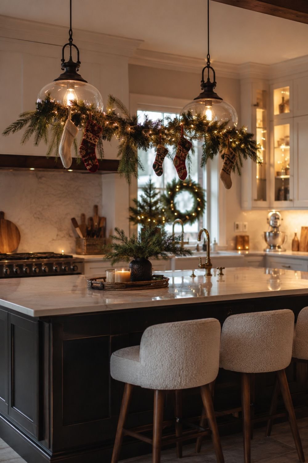 Stockings hanging from pendant lights above Christmas kitchen island